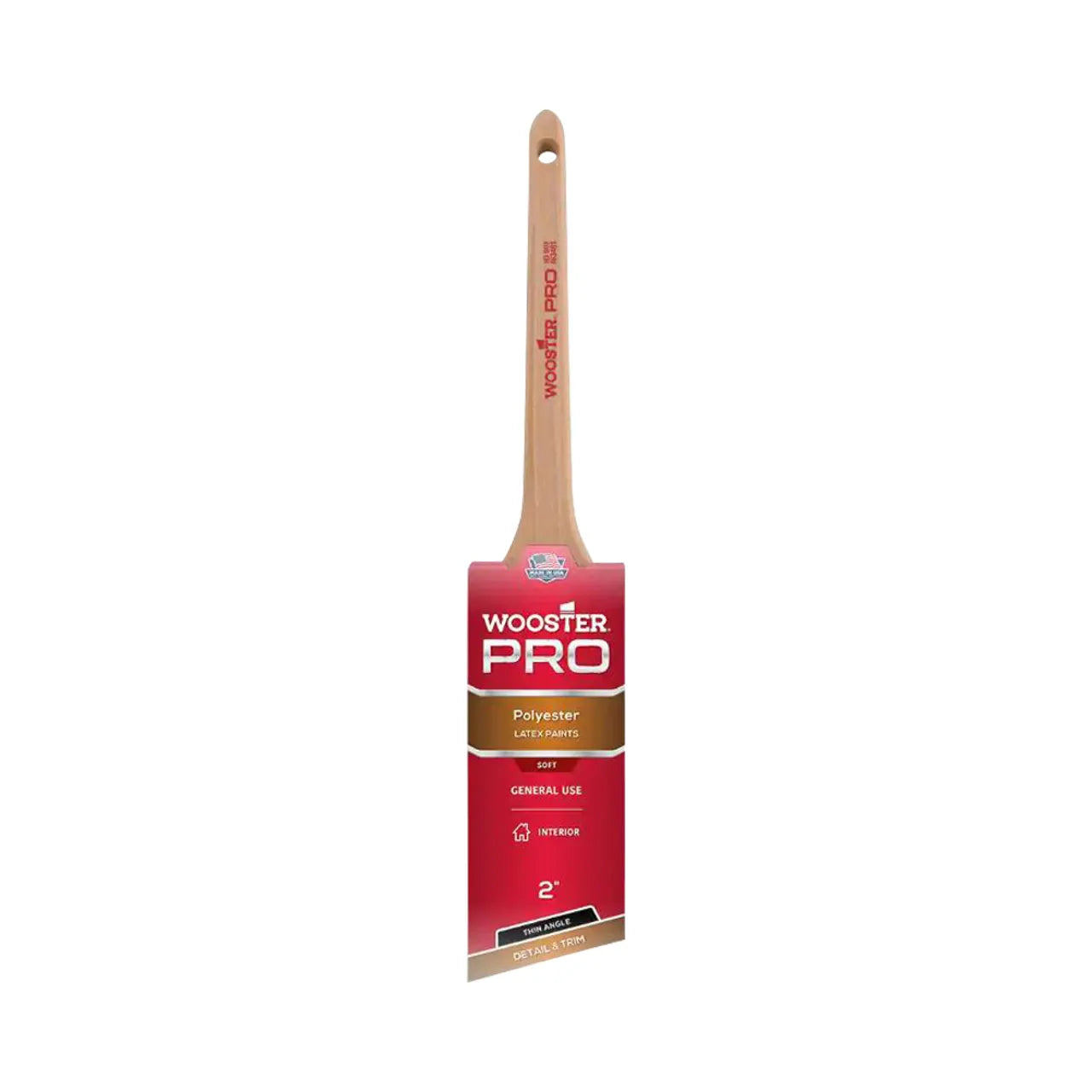 The 2 in. Pro Polyester Thin Angle Sash Brush by Go Build is perfect for water and latex paints, featuring a high-quality thin angle sash and a wooden handle with red and gold branding plus a convenient hanging hole, ideal for versatile painting projects.